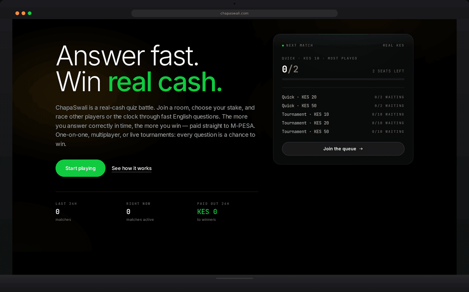 ChapaSwali — real-money quiz platform, M-PESA payouts